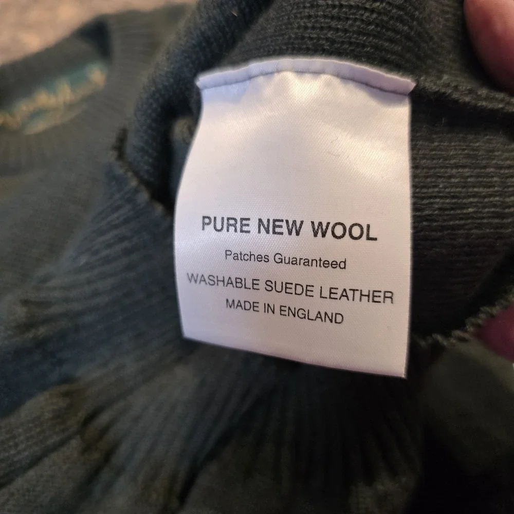 WOOLYBACK Crew‎ Neck Pure Wool Thick Chunky Sweater Suede Patches England  11/12